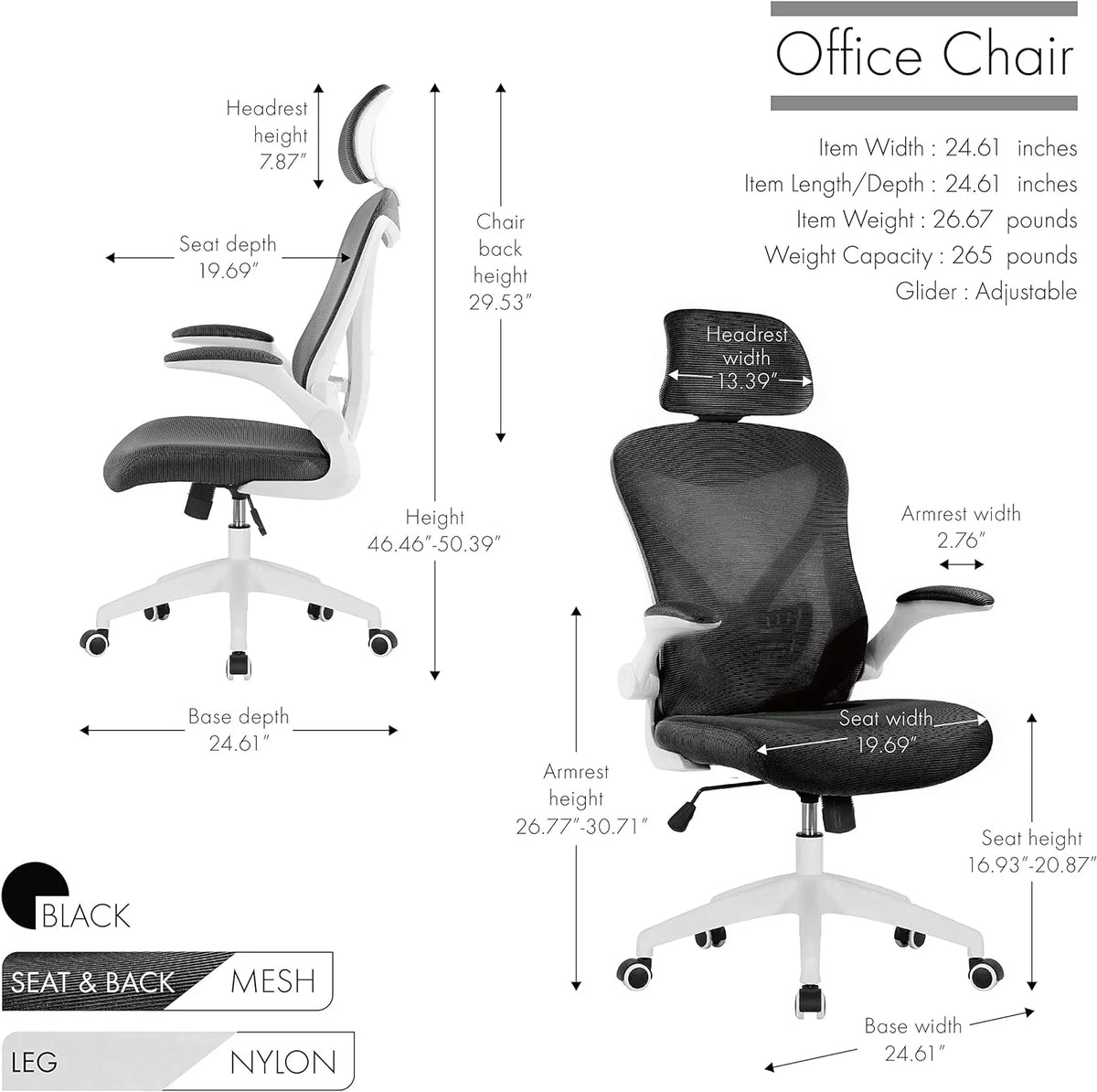 Office Chair with Headrest, Mesh Back, Armrests and Adjustable Seat with Wheels W949983