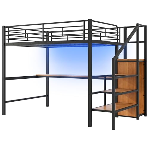 White Queen Loft Bed with Desk and Stairs L45636