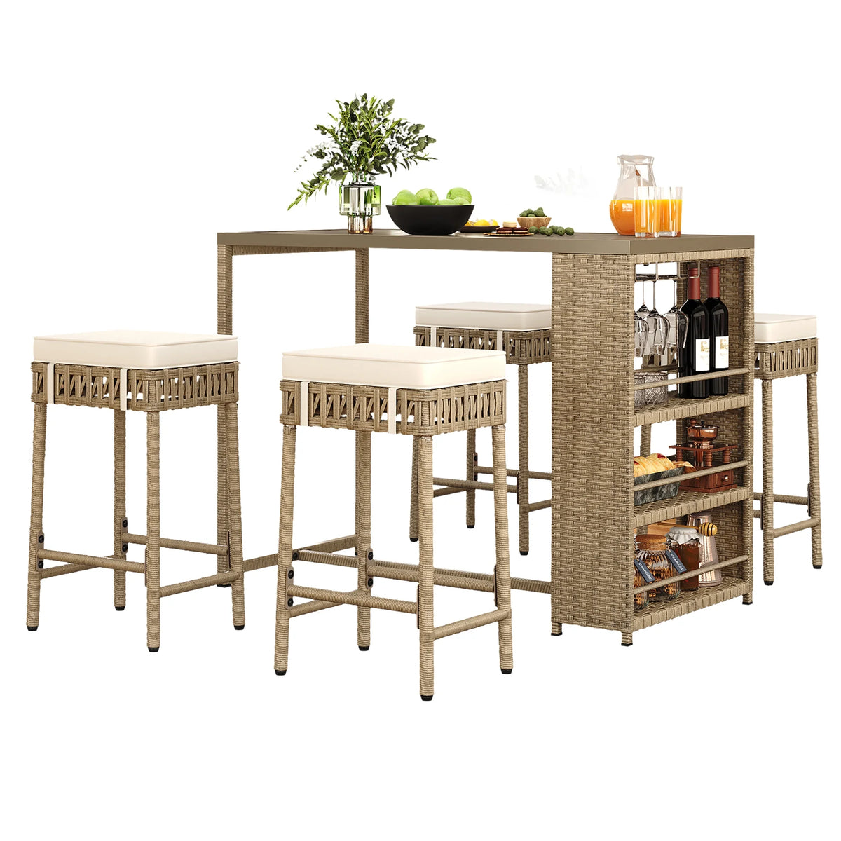 Beige 5 Piece Rattan Wicker Bar Set with 4 Bar Stools V6365