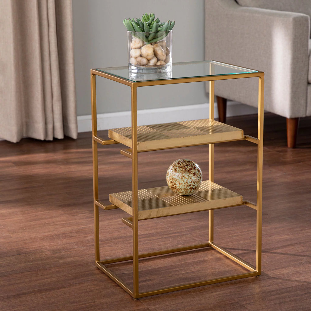 Glass-Top Rectangle End Table with Storage I14173