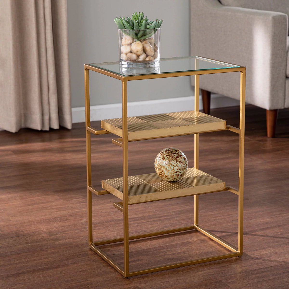 Glass-Top Rectangle End Table with Storage I14173