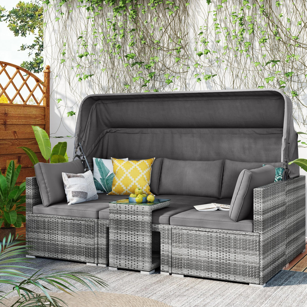 5 Pieces Rattan Sectional Sofa Set with Canopy and Side Table T956593