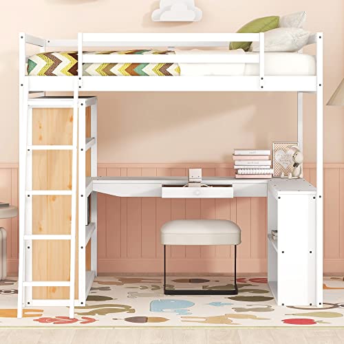 Twin Wood Loft Bed with Staircase, Desk and Wardrobe, Gray G5304