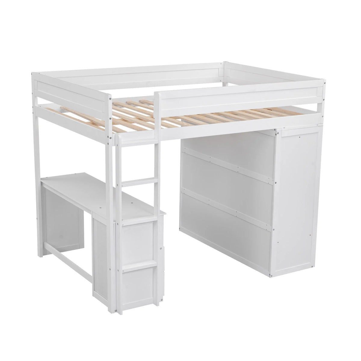 Solid Wood Loft Bed with Built-In Desk & Wardrobe White Full K6404