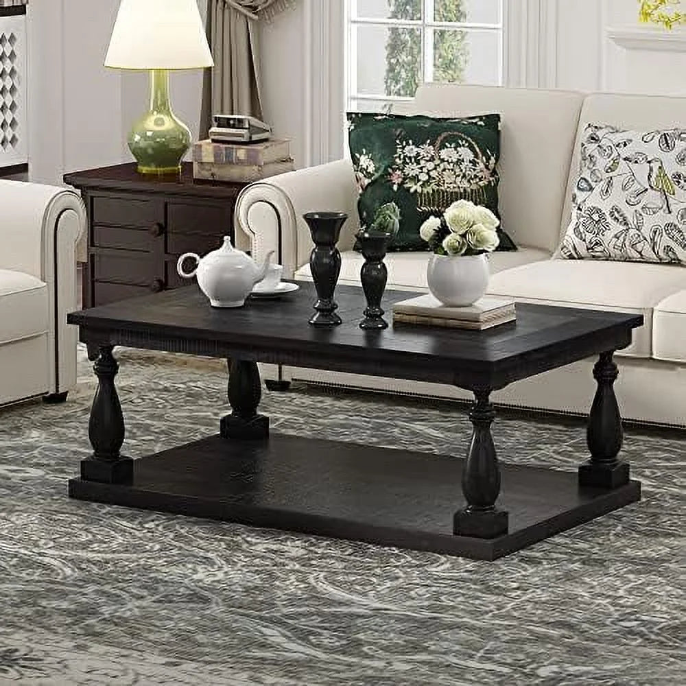 Black Solid Pine Wood Coffee Table with Floor Shelf S406