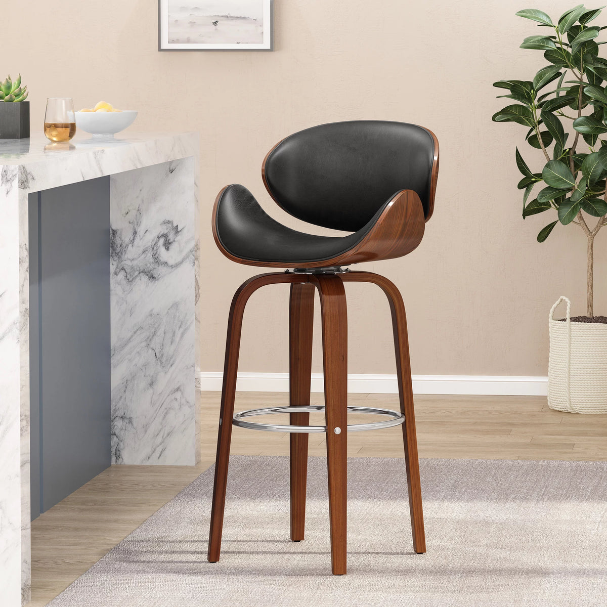 Mid Century Modern Faux Leather Wood Swivel Barstool F6811