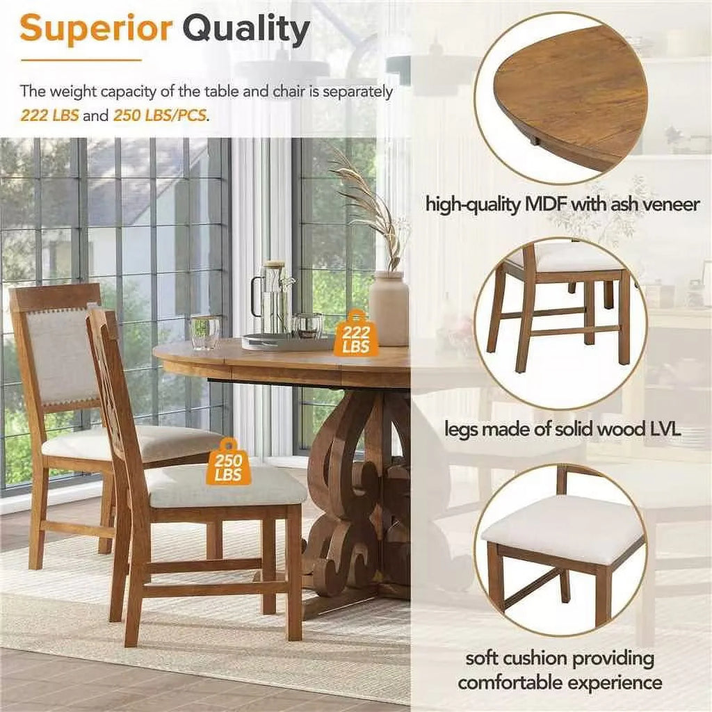 Extendable Round Dining Table Set for 4 with Upholstered Chairs T40952