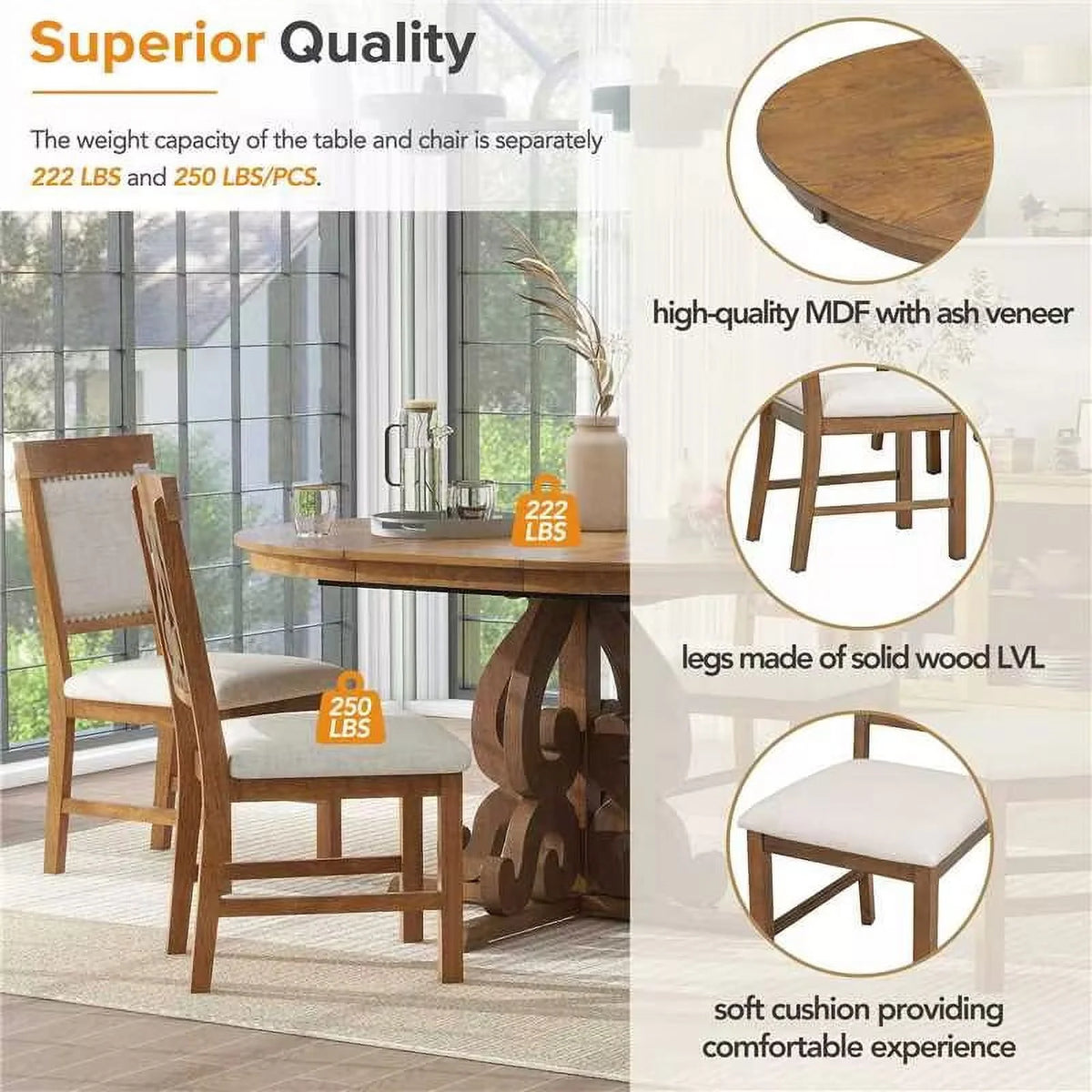 Extendable Round Dining Table Set for 4 with Upholstered Chairs T40952