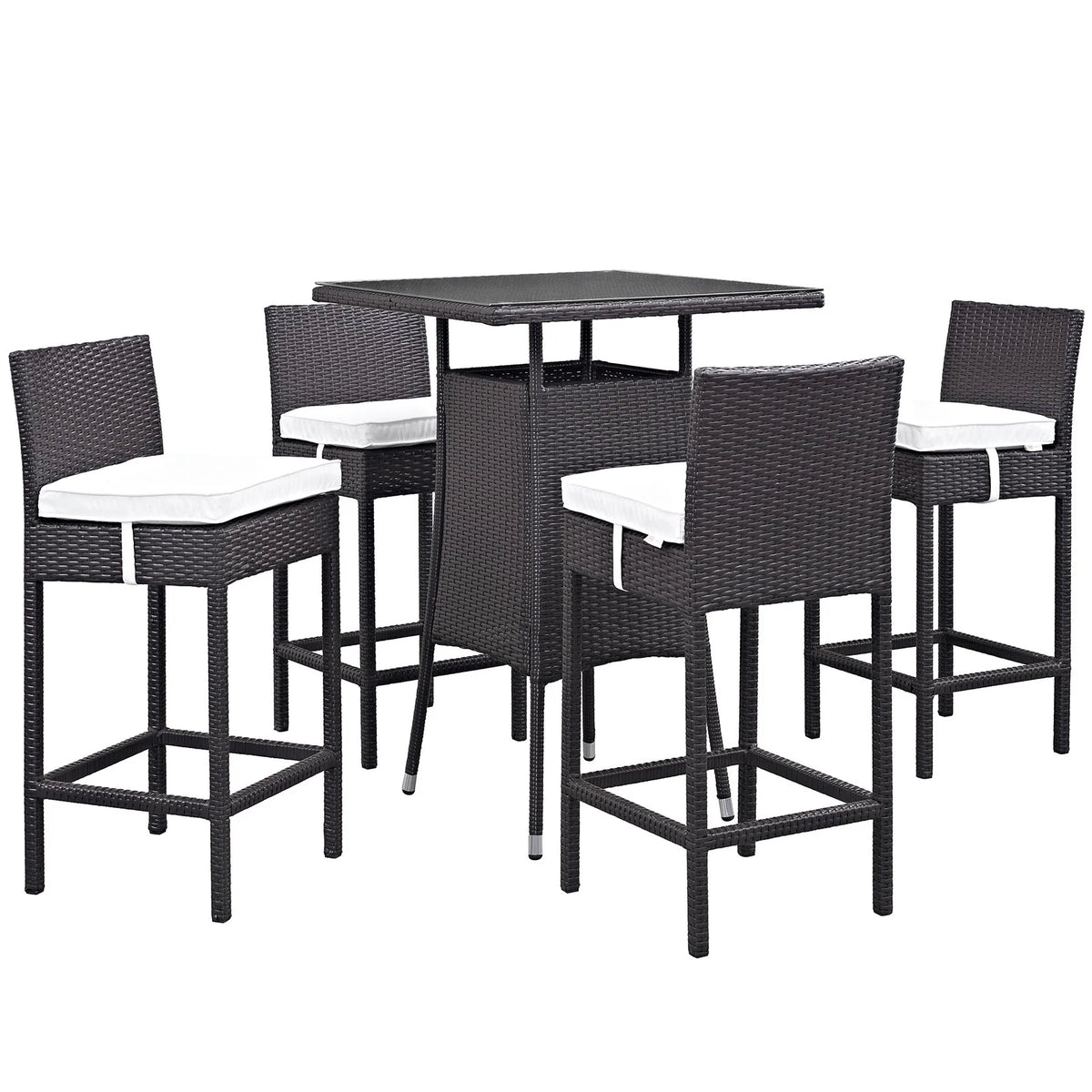 White Rattan 5 Pc Outdoor Patio Bar Table and Chairs Set H86763