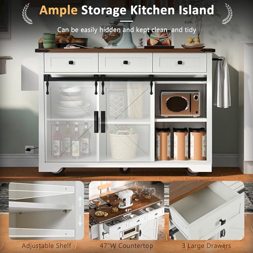 White Kitchen Island with Power Outlet U27504