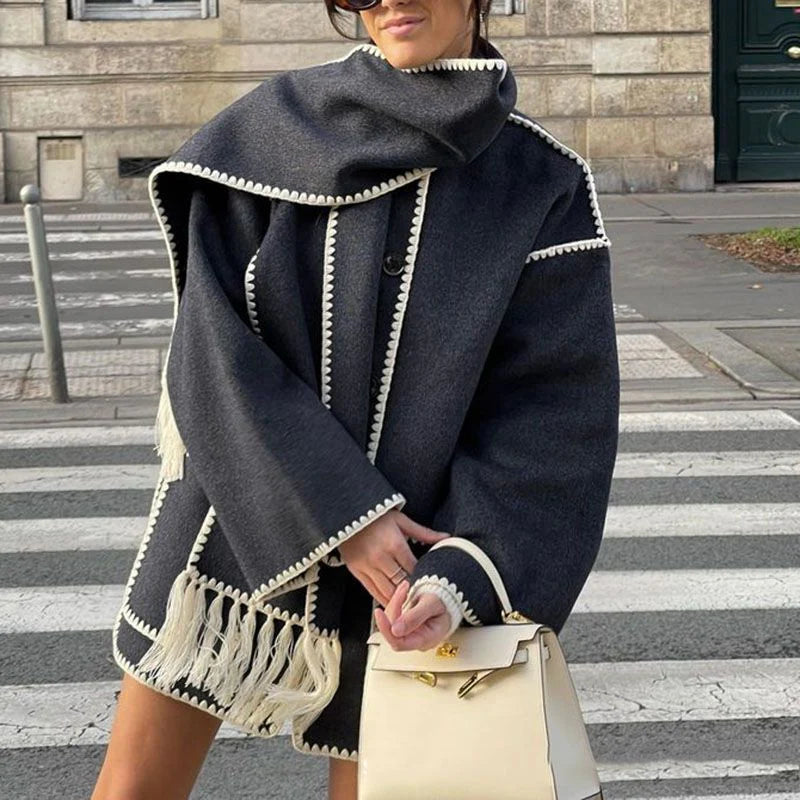 Draped Fringed Tassel Wool Blend Scarf Jacket R412