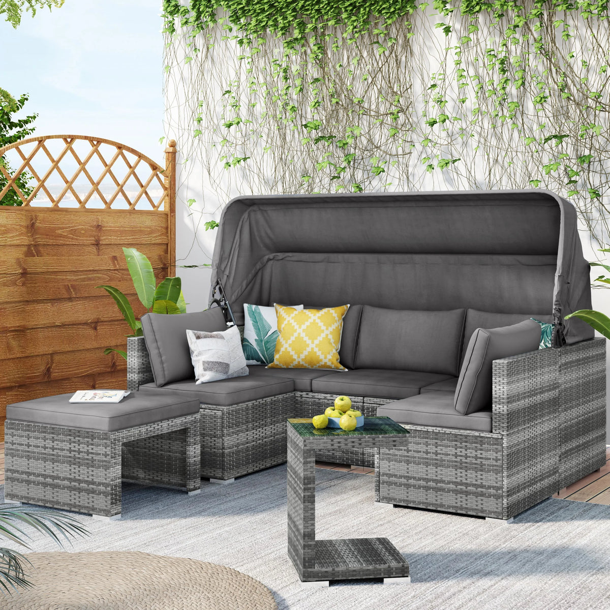 5 Pieces Rattan Sectional Sofa Set with Canopy and Side Table T956593