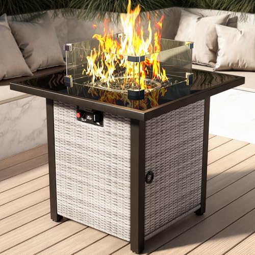 28" Square Propane Outdoor Fire Pit Table with Glass Wind Guard R229
