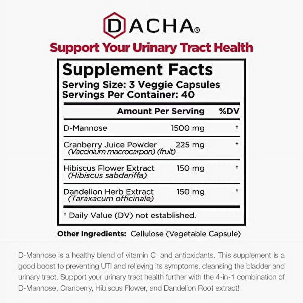 1500 mg D-Mannose Capsules with Cranberry, Dandelion, Hibiscus Flower Extract E409