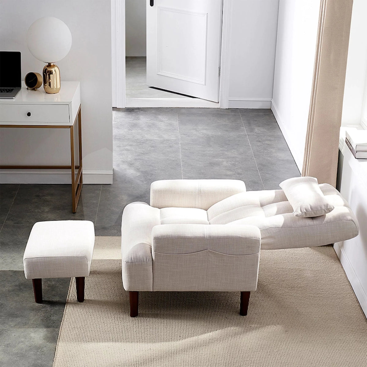Cream White Recliner Sofa Chair with Ottoman S5234