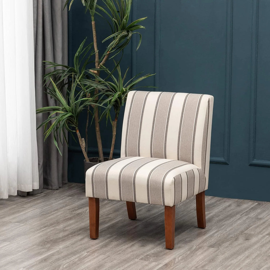 Brown and White Stripe Fabric Armless Accent Chair with Wood Legs E1163