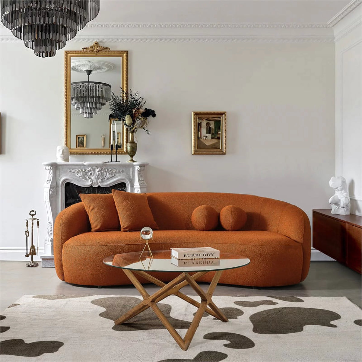 Orange Boucle Fabric Curvy Couch Z195