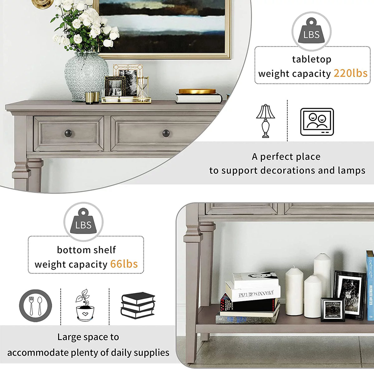50" Gray Wash Console Table with 3 Drawers and Bottom Shelf E572
