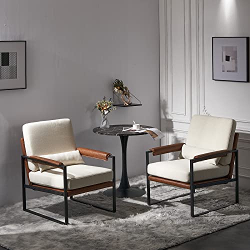 Beige Linen Accent Chair with Metal Legs and Pillow O839