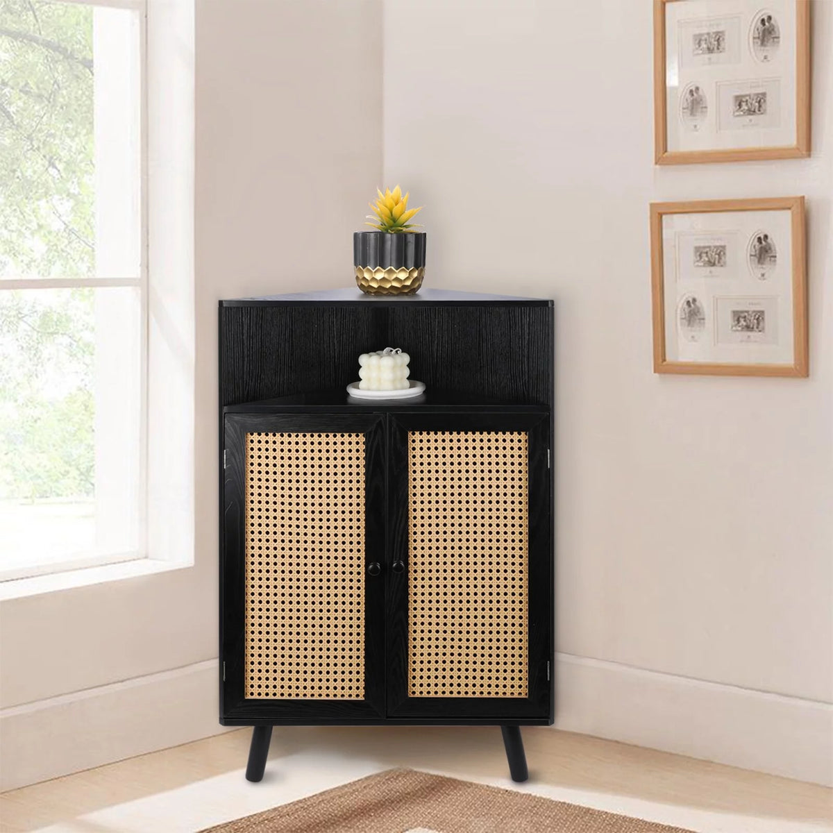 35" Tall Black Rattan Corner Storage Cabinet with Doors M59275