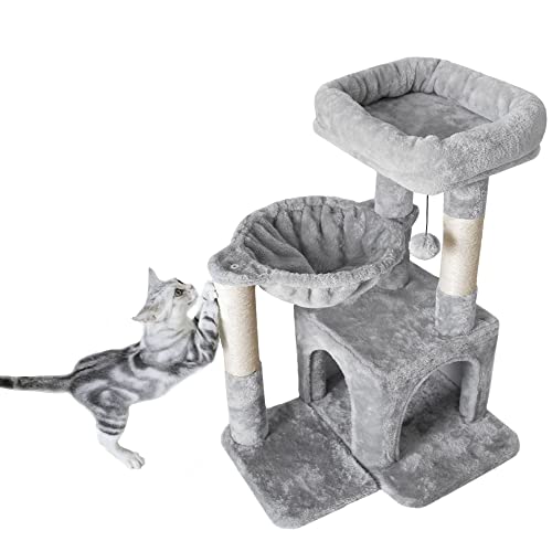 Small Light Gray Cat Tree with Sisal Scratching Post and Hammock Y6908