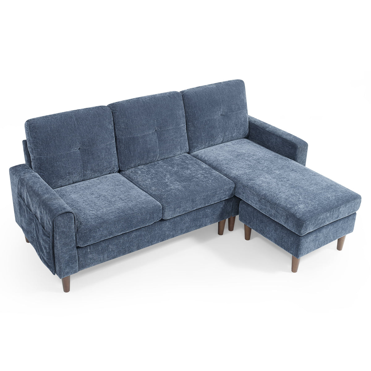 80" Convertible Sectional Sofa Couch, 3 Seats L-shape Sofa with Removable Cushions and Pocket, Rubber Wood Legs, Navy Chenille J778