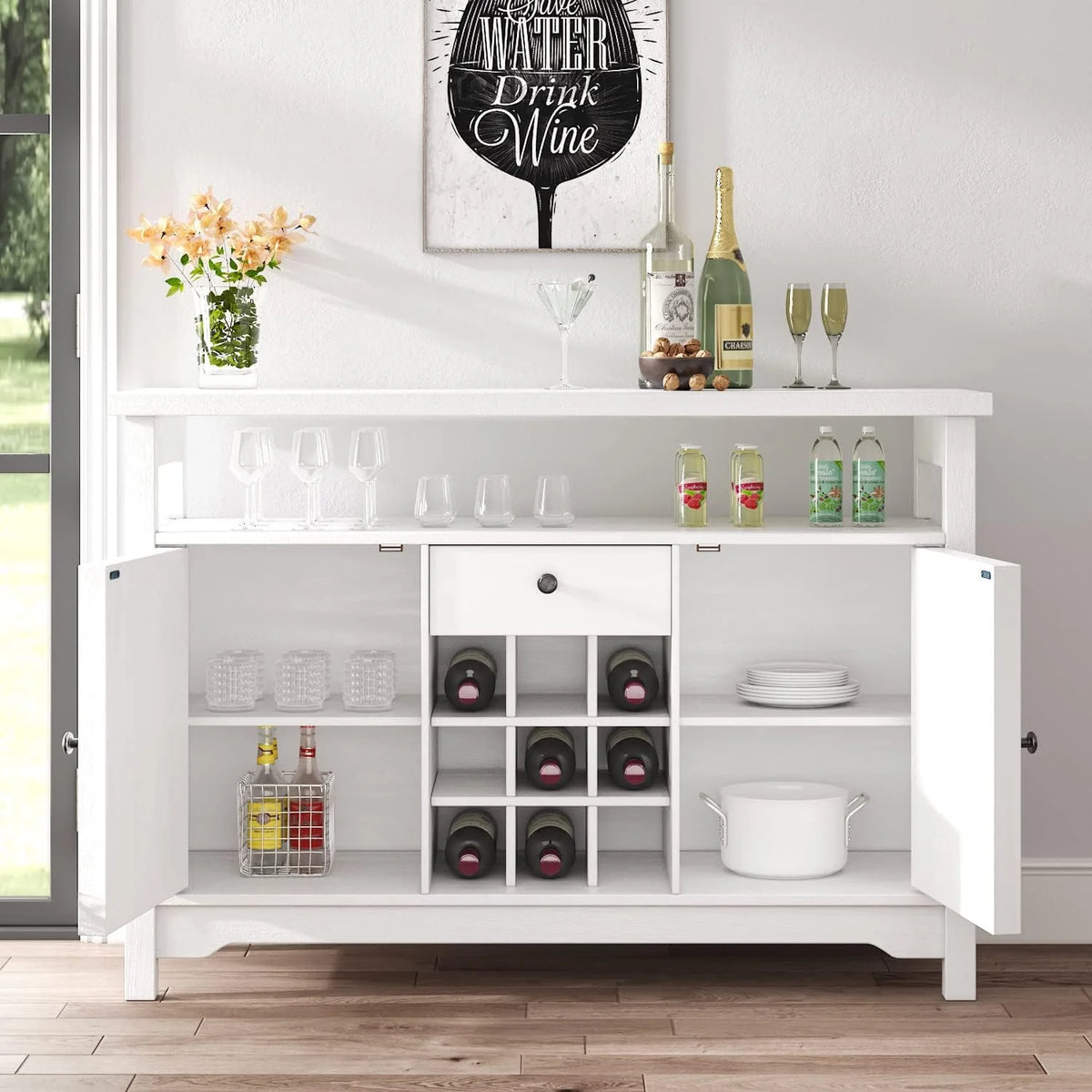 White Coffee Bar Cabinet with 9 Wine Racks N734