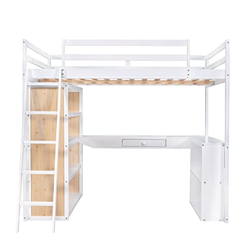 Twin Wood Loft Bed with Staircase, Desk and Wardrobe, Gray G5304