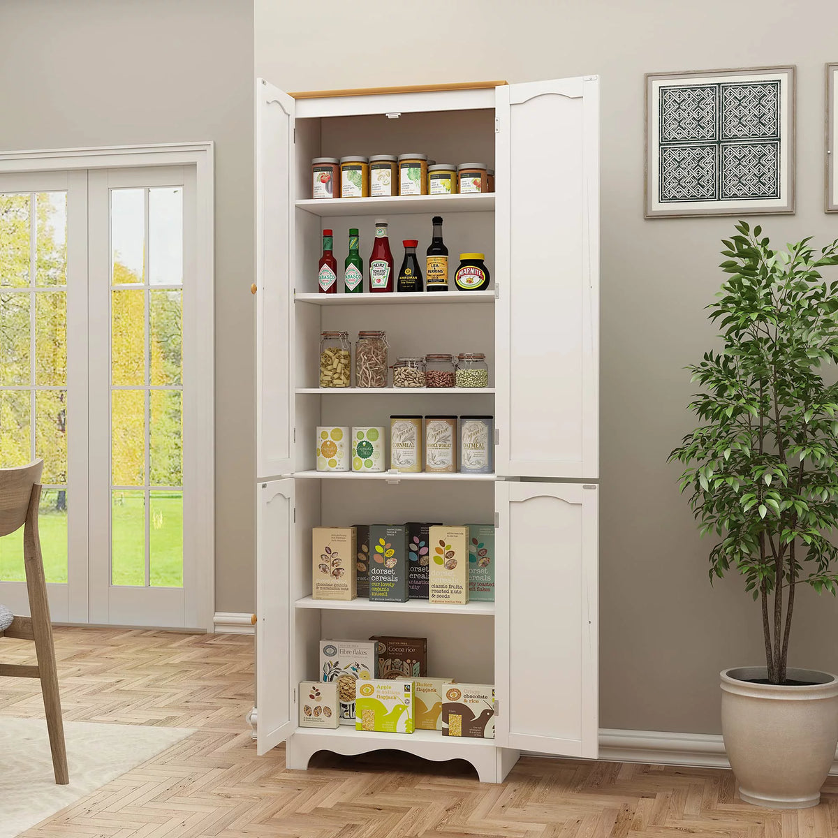 White 72'' Tall 4 Door Wooden Kitchen Pantry Cabinet U889
