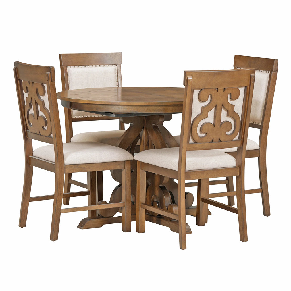 Extendable Round Dining Table Set for 4 with Upholstered Chairs T40952