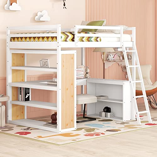 Twin Wood Loft Bed with Staircase, Desk and Wardrobe, Gray G5304