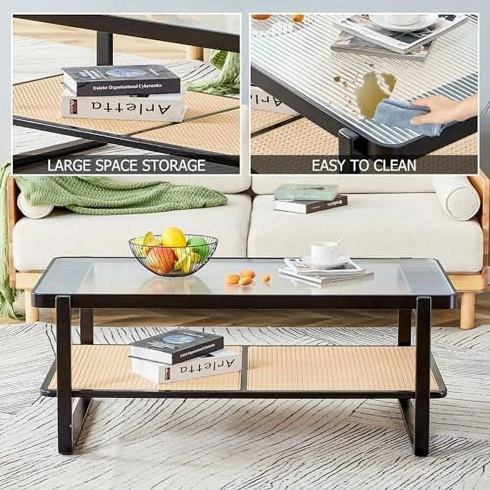 Rustic Natural Wood Rattan Coffee Table G403