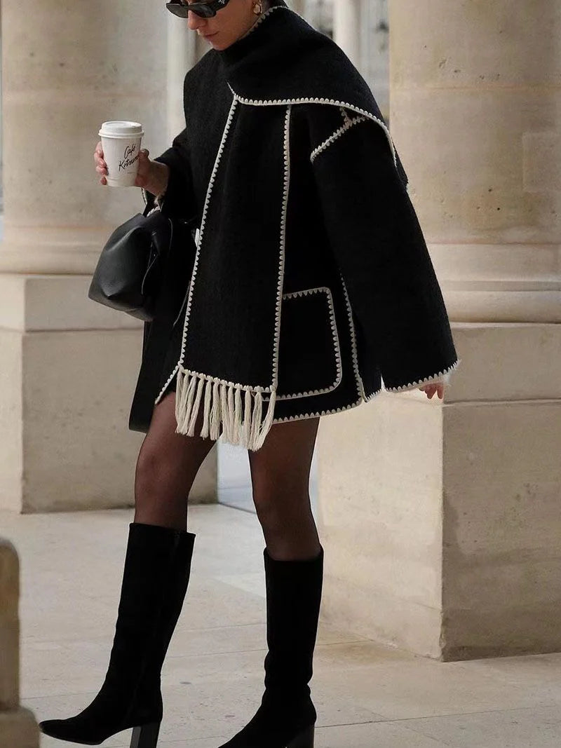 Draped Fringed Tassel Wool Blend Scarf Jacket R412
