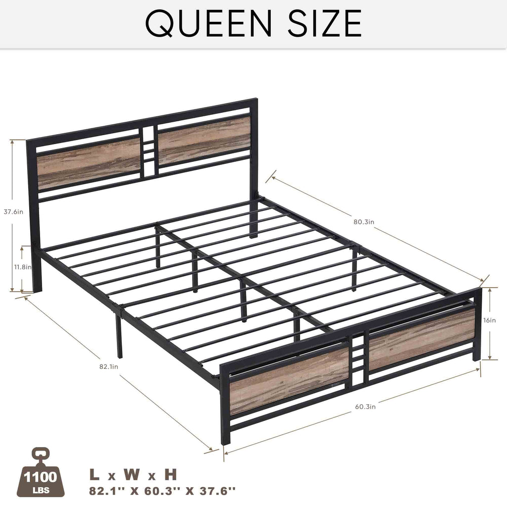Queen Size Metal Platform Bed Frame with Wood Headboard and Footboard Y26434