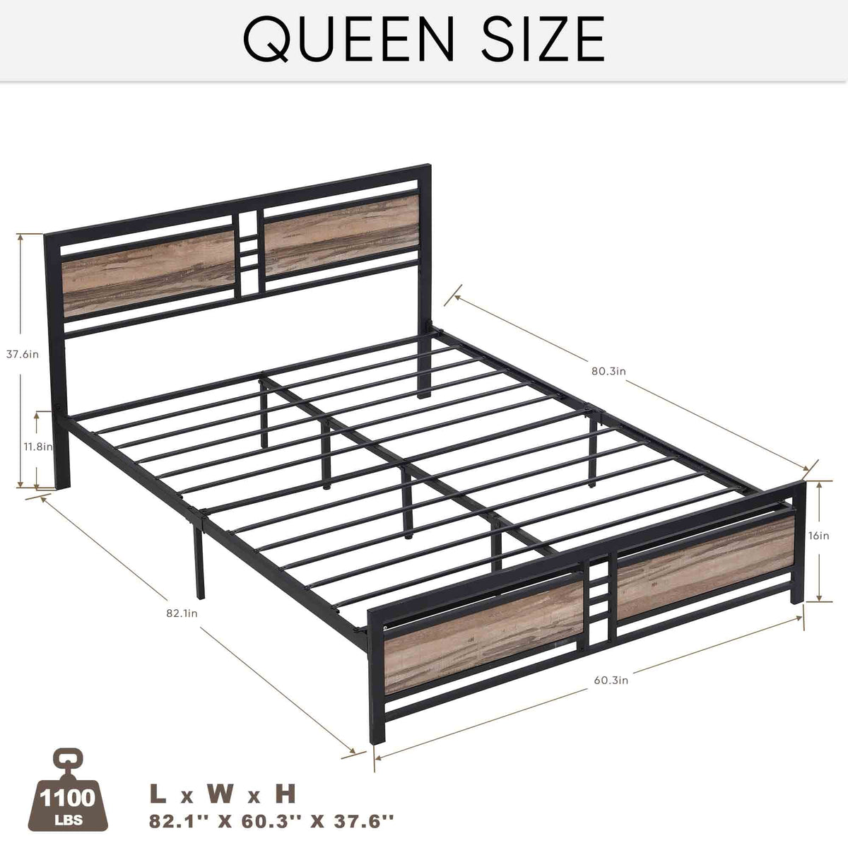 Queen Size Metal Platform Bed Frame with Wood Headboard and Footboard Y26434