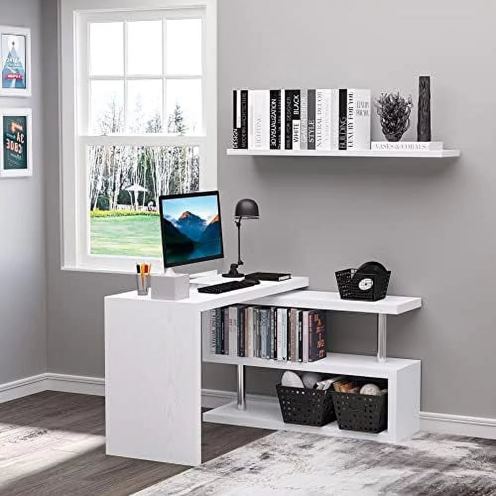 L Shaped Corner Computer Desk with 3-Tier Shelves White A97745