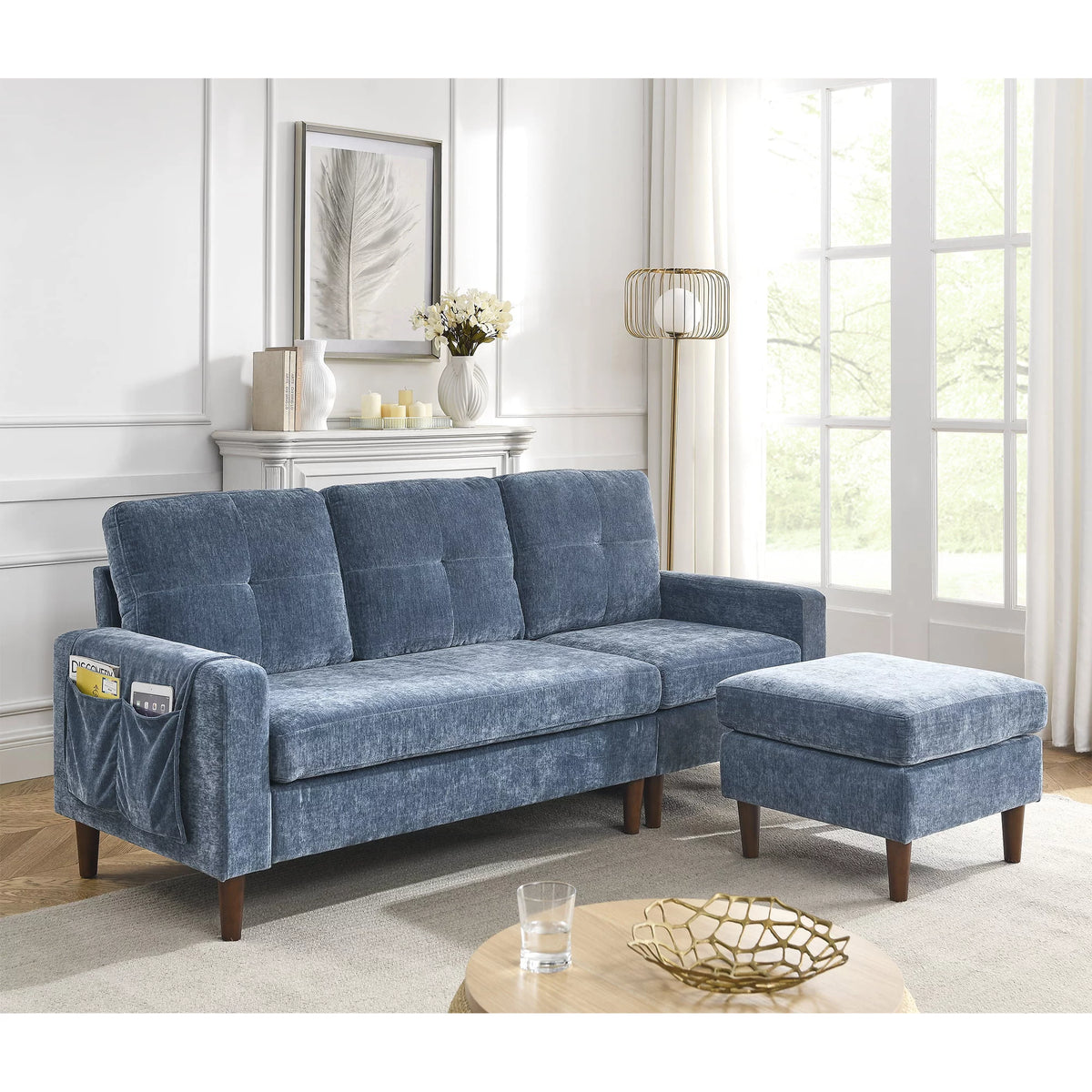 80" Convertible Sectional Sofa Couch, 3 Seats L-shape Sofa with Removable Cushions and Pocket, Rubber Wood Legs, Navy Chenille J778