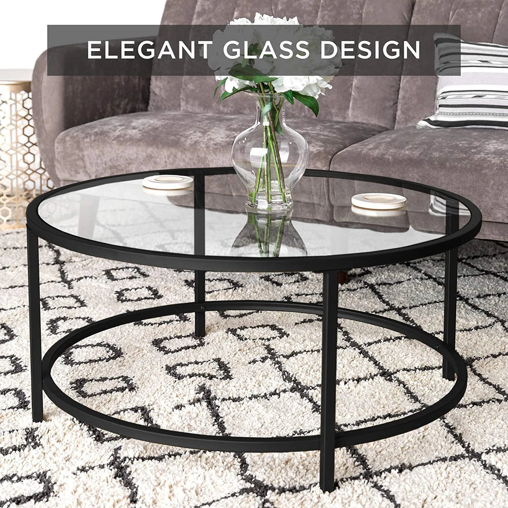 36in Round Tempered Glass Coffee Table with Metal Frame N983482