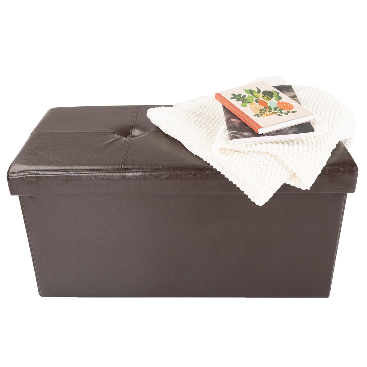 Brown Faux Leather Folding Storage Ottoman with Removable Bin X298597