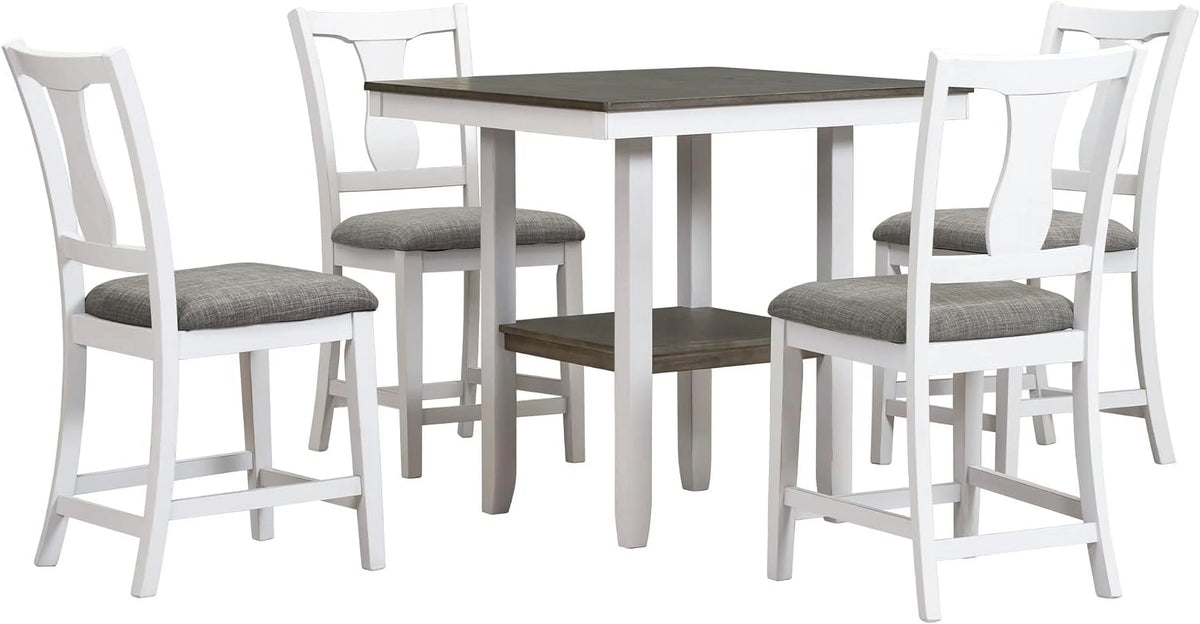 Antique White 5 Piece Counter Height Dining Table Set with Storage Shelf G934