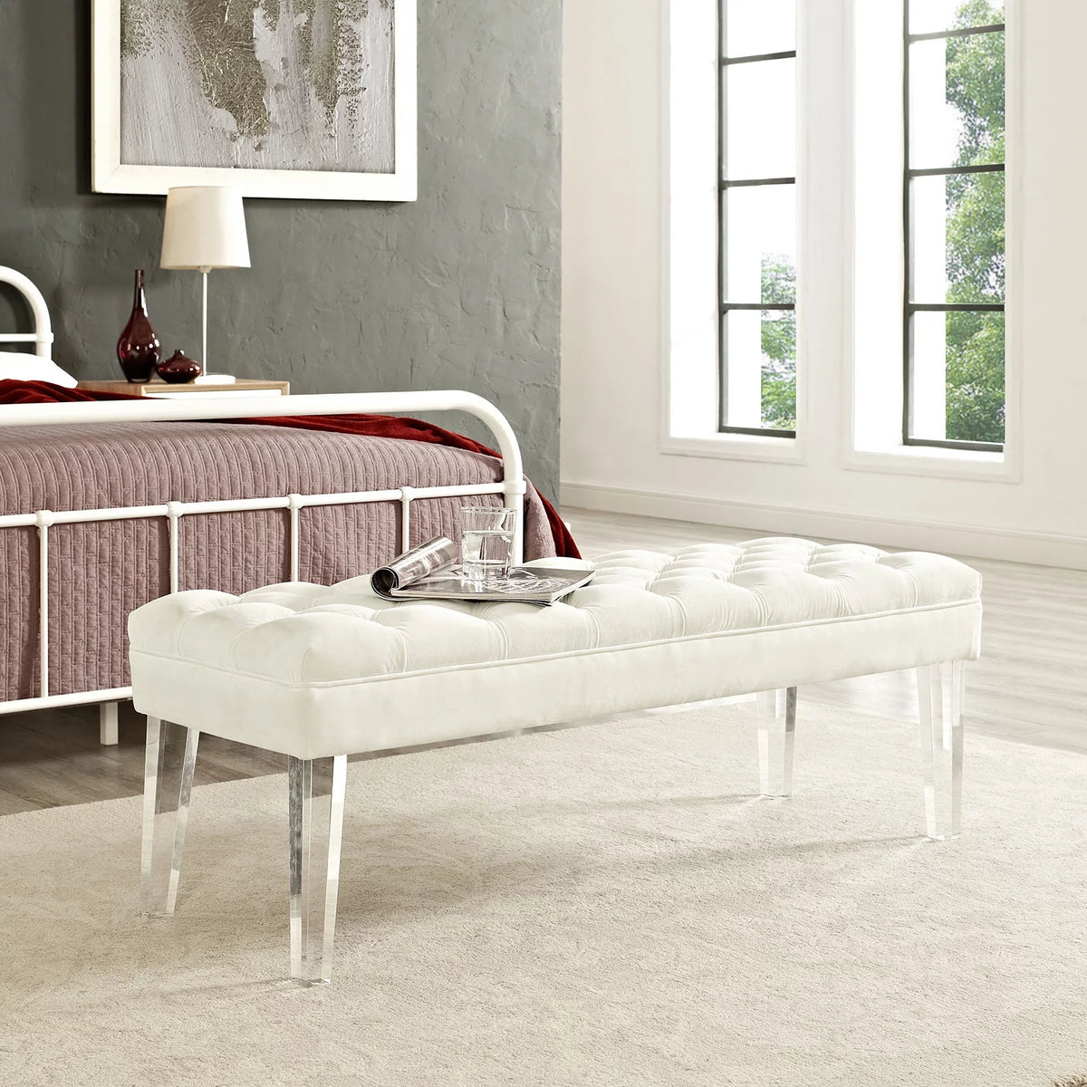 White Ivory Fabric Velvet Bench M95589