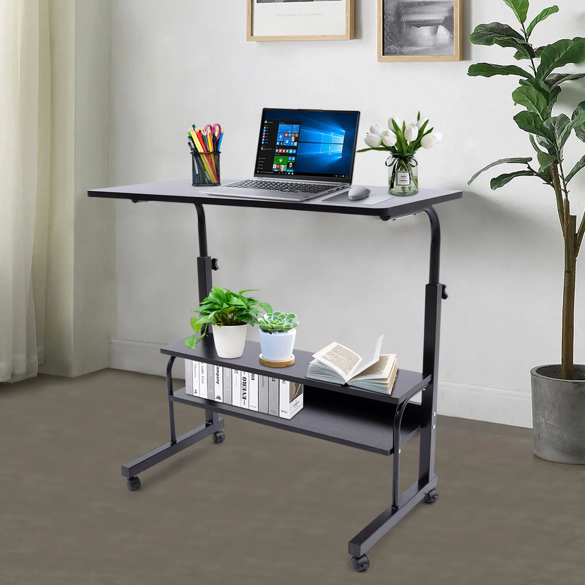 C-Shaped Rolling Sofa Side Table with Shelves Height Adjustable H6826