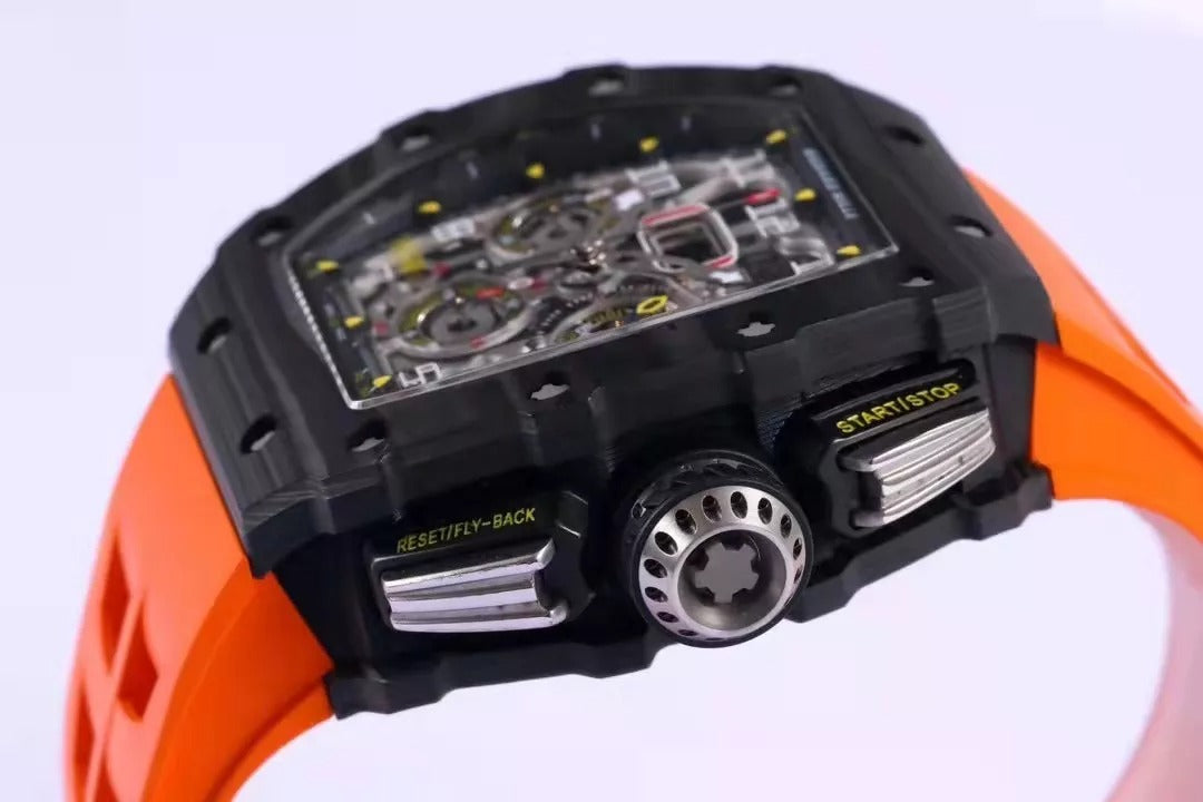 Skeleton Dial Black Bezel Orange Rubber Strap R82308