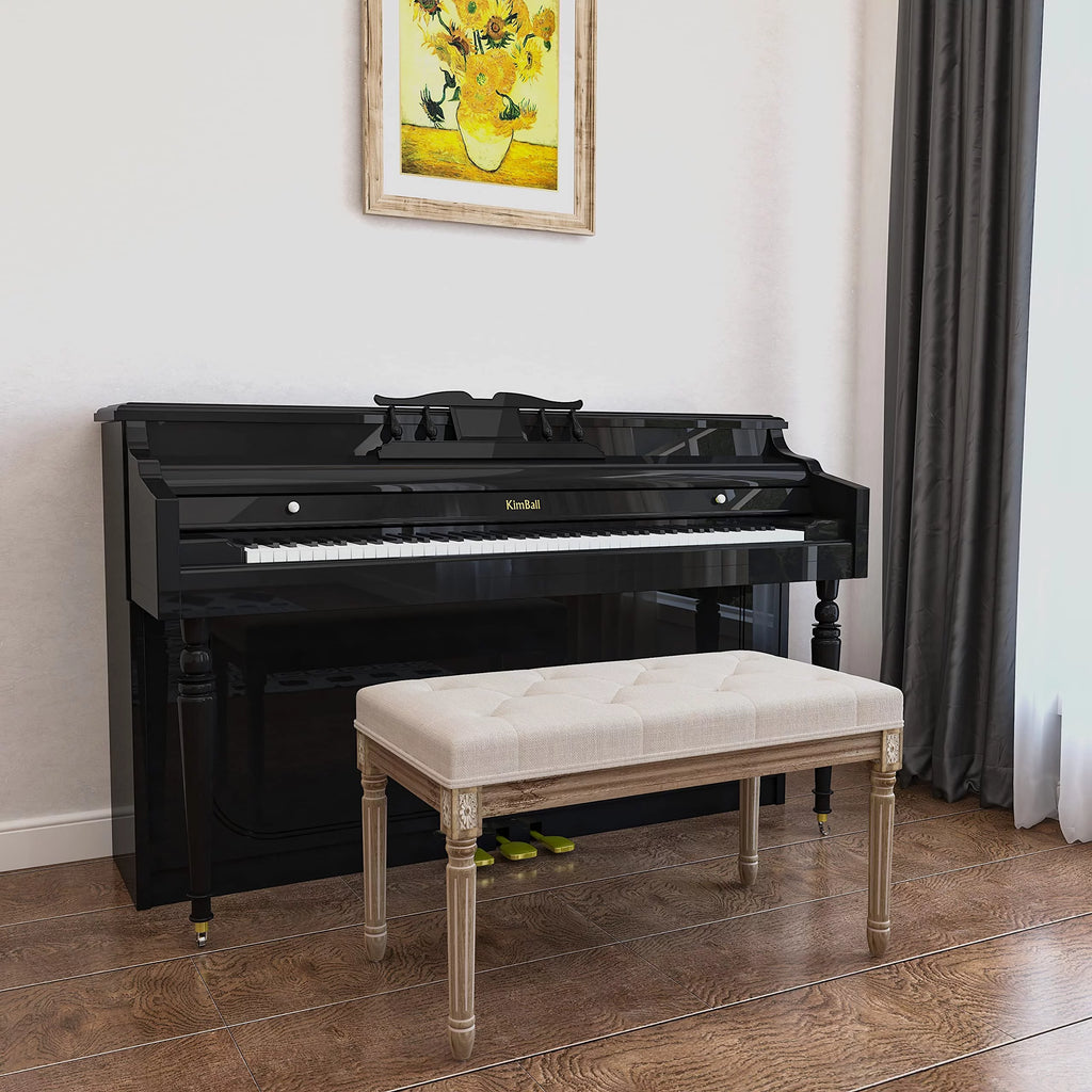 Beige Upholstered Bench with Carved Wood Legs O7666