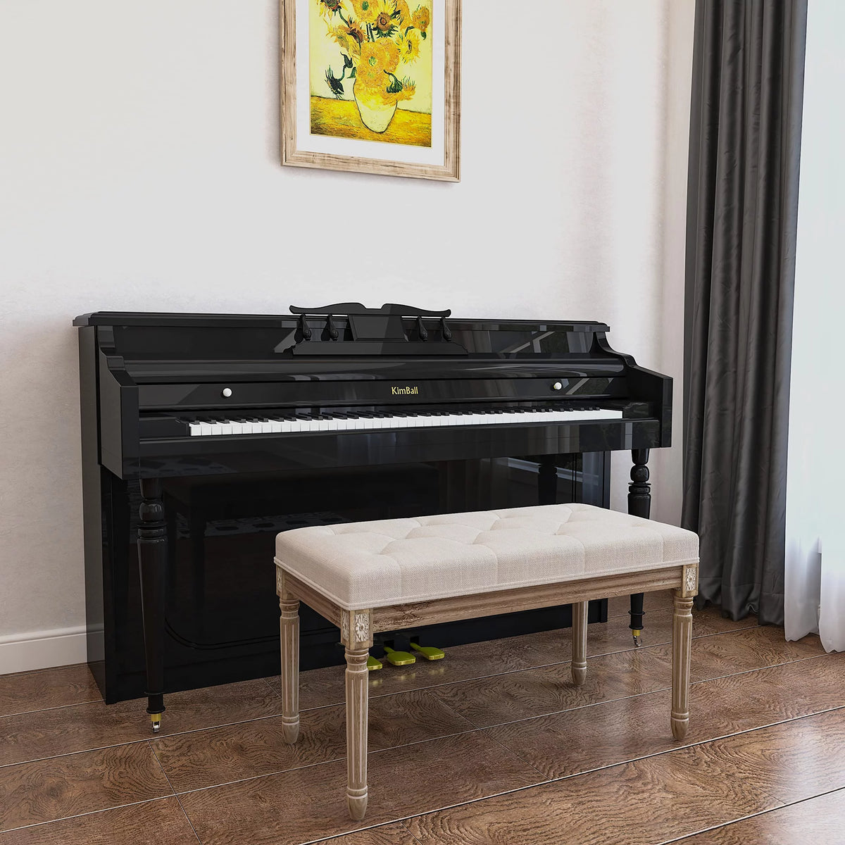 Beige Upholstered Bench with Carved Wood Legs O7666