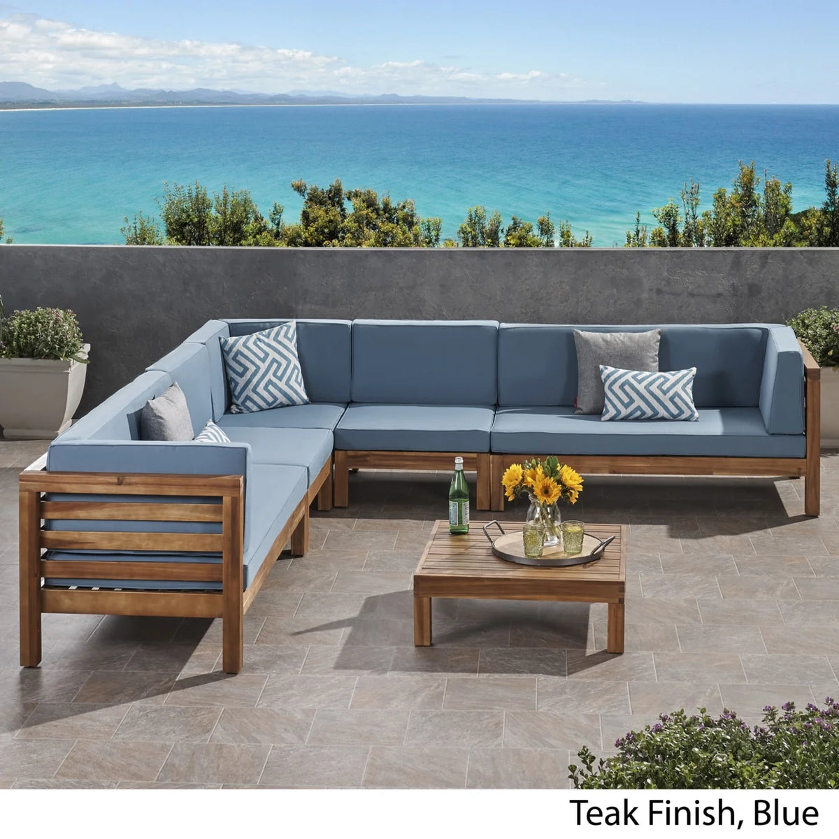 Acacia Wood 7 Seater Sectional Sofa with Cushions W91591