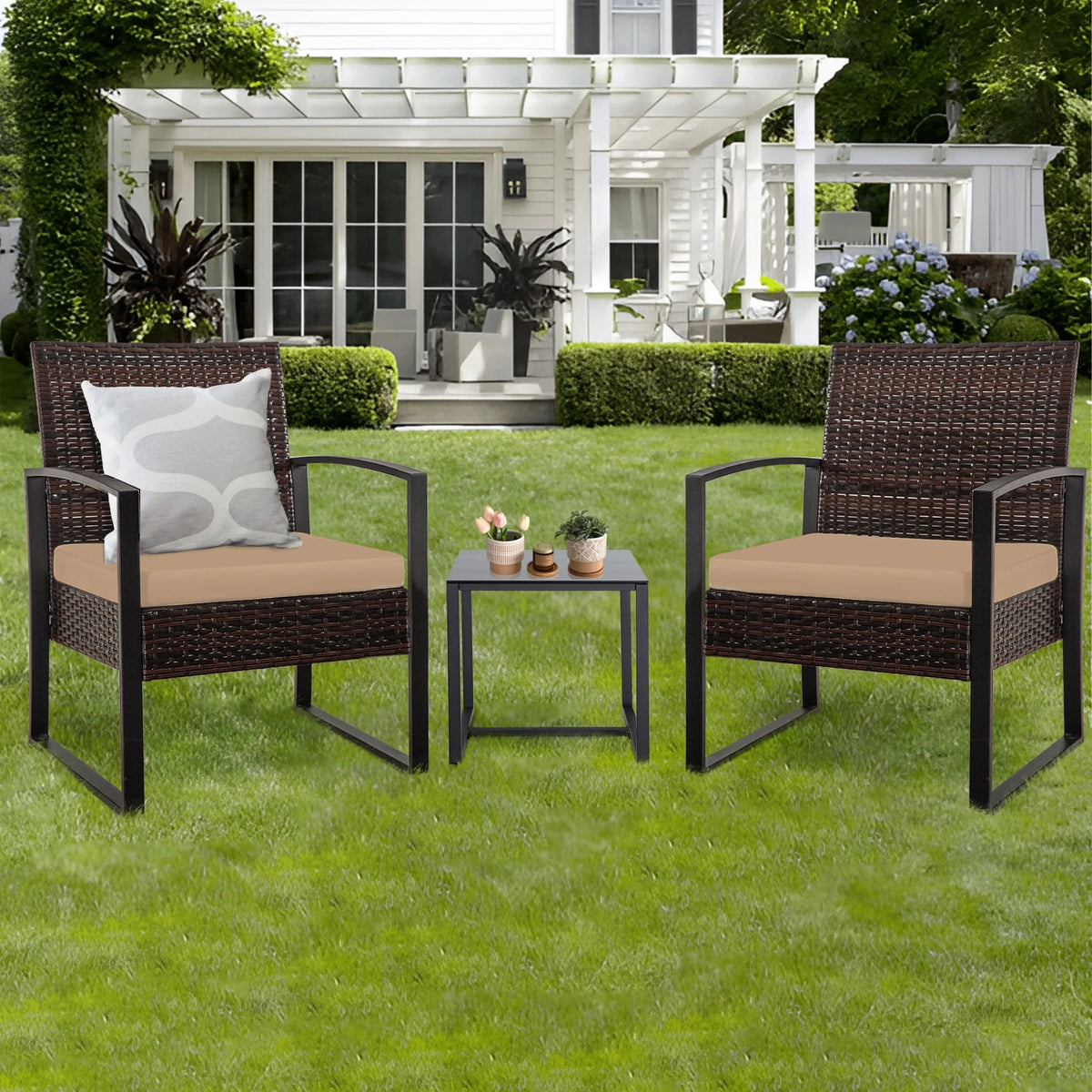 3 Pieces Wicker Patio Furniture Set with Glass Coffee Table T6025
