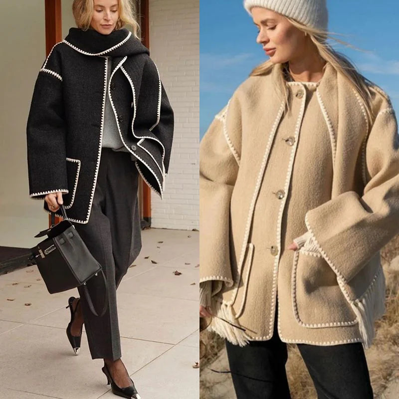 Draped Fringed Tassel Wool Blend Scarf Jacket R412
