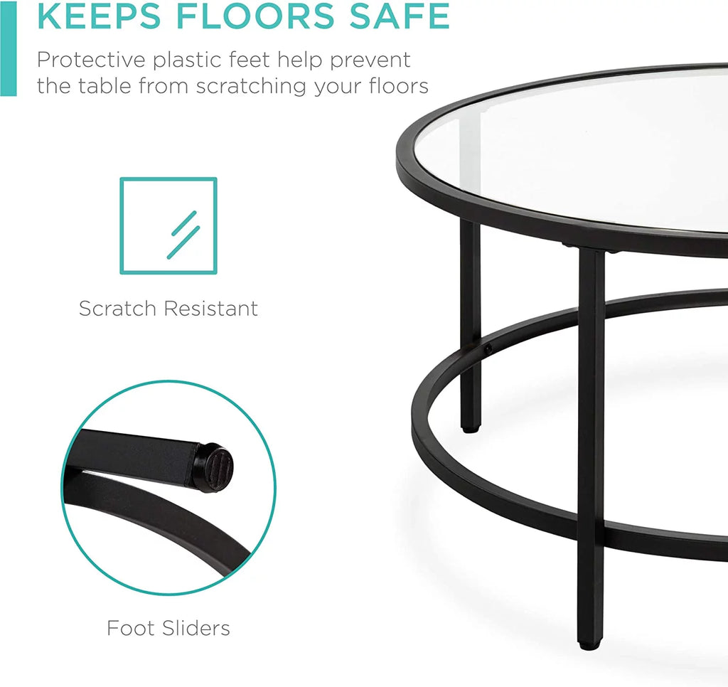36in Round Tempered Glass Coffee Table with Metal Frame N983482
