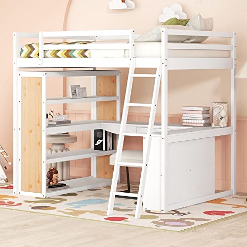 Twin Wood Loft Bed with Staircase, Desk and Wardrobe, Gray G5304